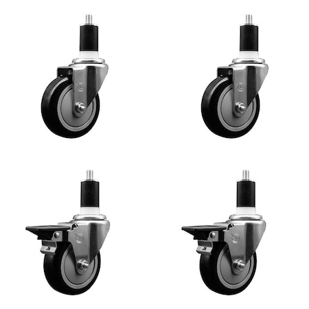 Service Caster 4'' Black Poly Wheel Swivel 1-1/2'' Expanding Stem Caster Set 2 Brakes, 4PK SCC-EX20S414-PPUB-BLK-2-PLB-2-112